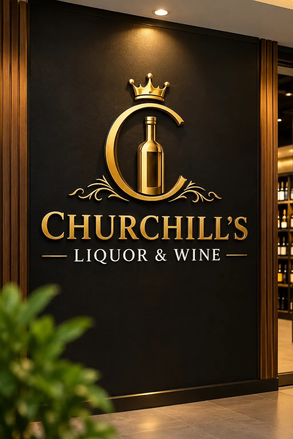 The gold Churchill's Liquor & Wine crest on a black wall