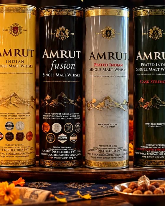 Amrut Indian single malt whisky tins with tasting glasses