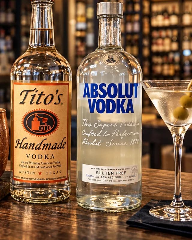 Bottles of Tito's and Absolut vodka beside a copper mule mug and a martini